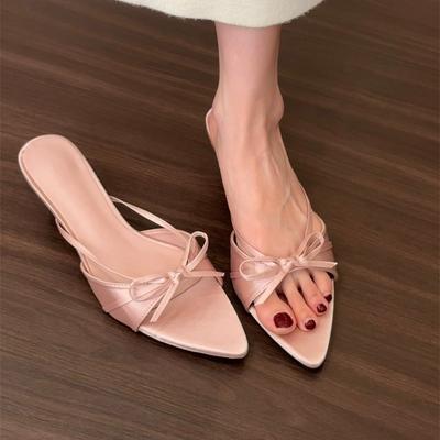 French Kitten Heel Nude Bow Cool Slippers Fairy Shoes Outer Wear 2025 Summer High Heels Pointed Sandals