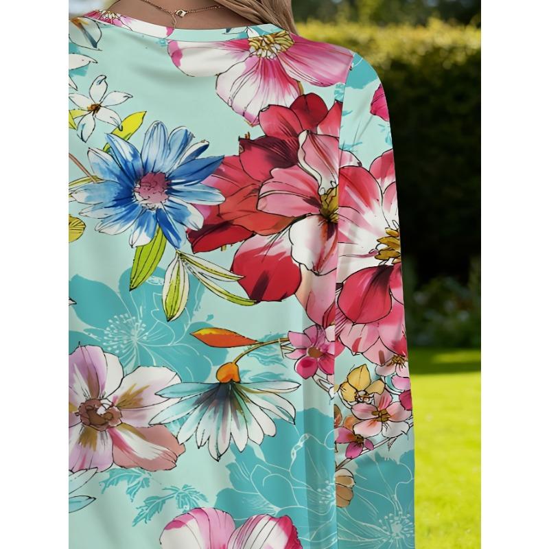 Women's Plus Size Pocket Design Spring Print Loose Long Sleeve T-Shirt Women's Casual Versatile Floral Top