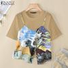 ZANZEA Women Casual Round Neck Loose Short Sleeve Patchwork T-Shirts