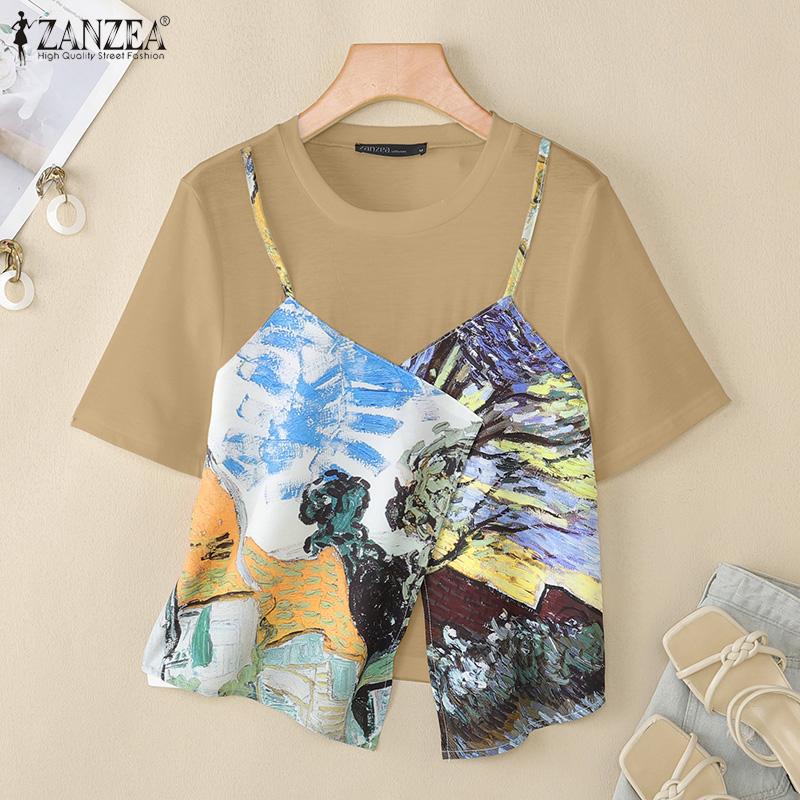 ZANZEA Women Casual Round Neck Loose Short Sleeve Patchwork T-Shirts