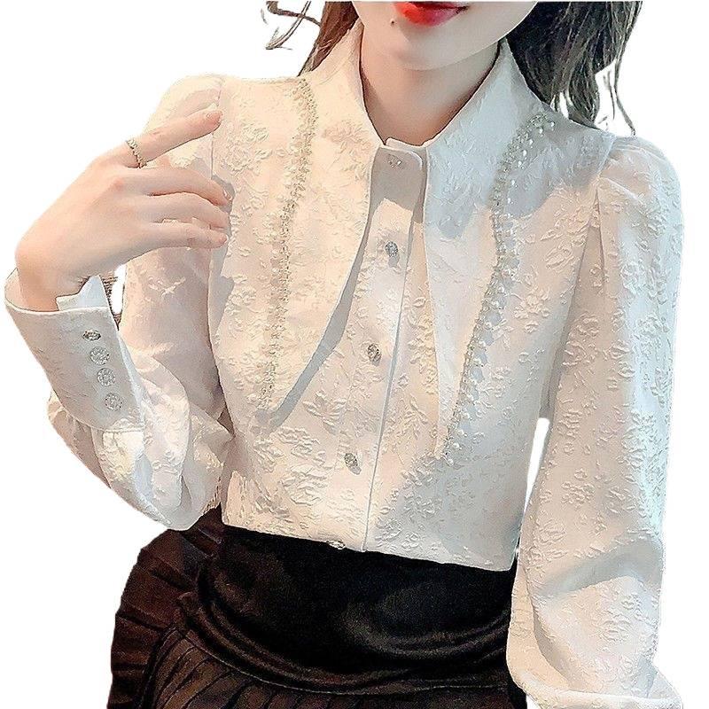 2025 Spring/Autumn French Chic Sweet Peter Pan Collar Bubble Sleeve White Women's Shirt