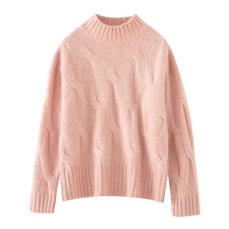 Women's Cashmere Half-High Neck Cable Knit Pullover - Thick, Loose & Cozy for Autumn/Winter.