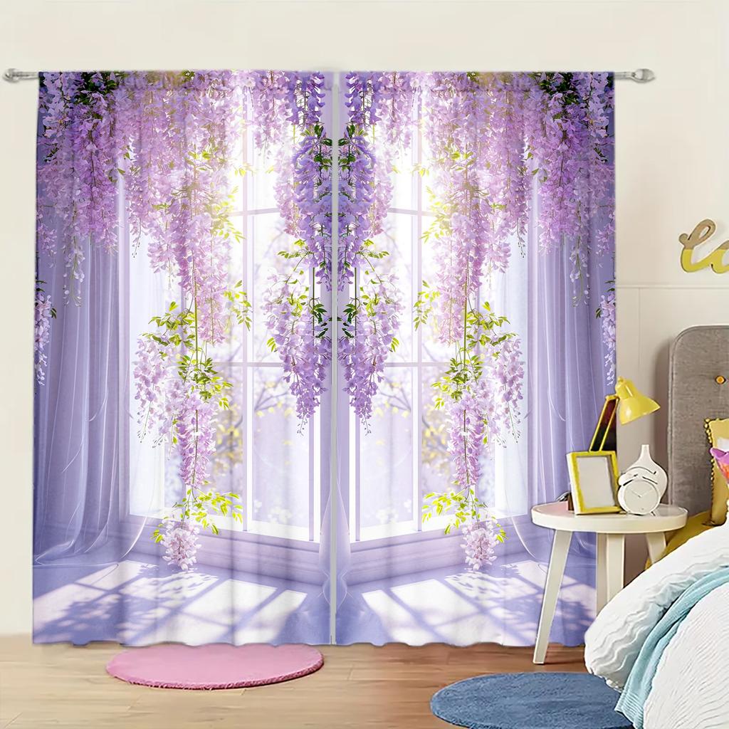 2pcs Wisteria Sinensis Printed Curtain for Home Decor - Rod Pocket Window Treatment for Bedroom   Office   Kitchen