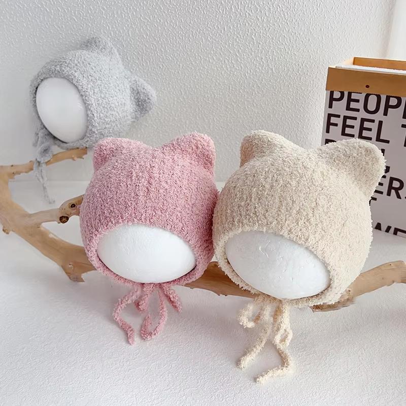 Cute Bear Baby Plush Hat Winter Warm Ear Protection Beanie Cap for Infant Boy Girl Solid Color Cartoon Kids Earmuff Caps Bonnet