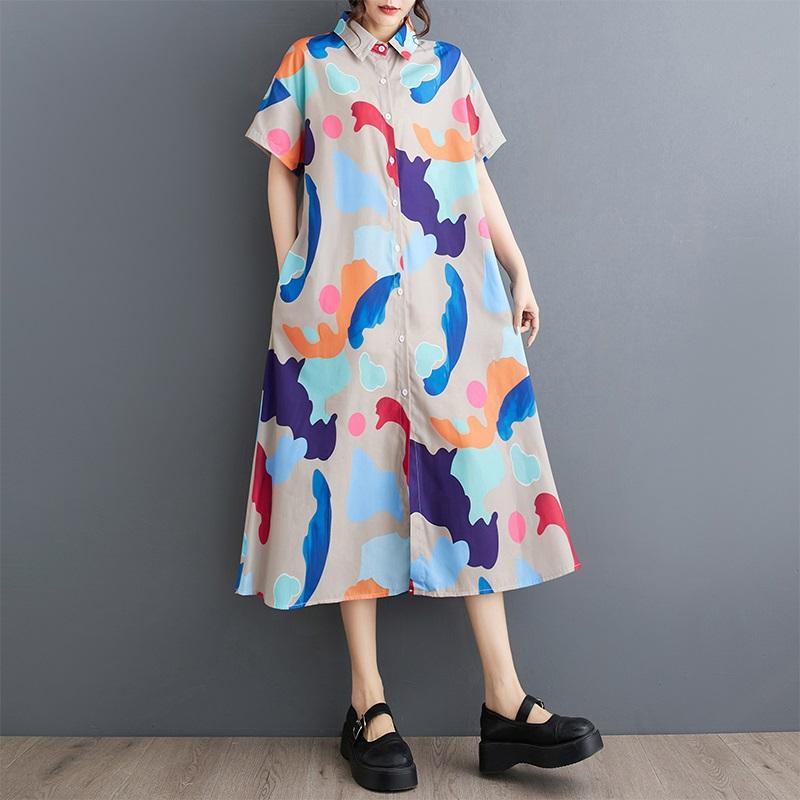 

Новое винтажное платье с цветочным принтом больших размеров с коротким рукавом для женщин, повседневное свободное длинное летнее платье-рубашка