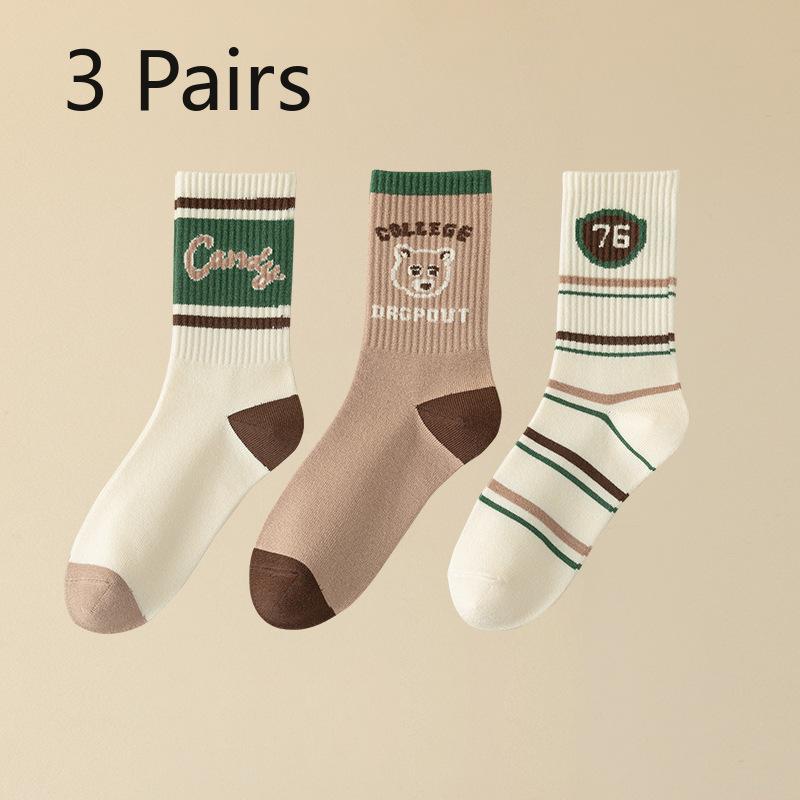 3 Pairs of Women Retro Trend Assorted Cartoon Letter Diamond Sports Warm Sweat Absorption Tube Socks