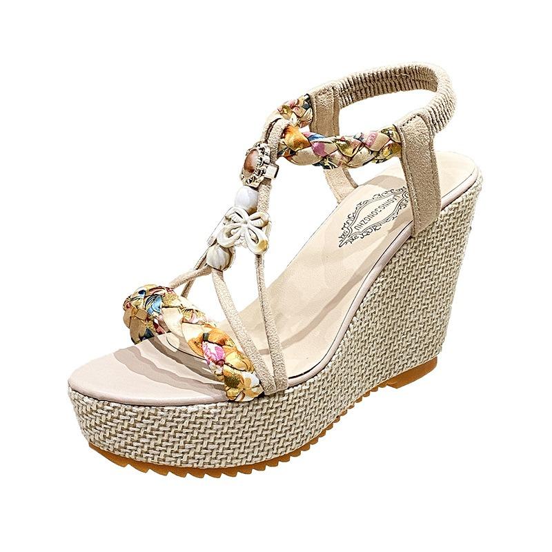Bohemian sandals women's spring summer new slope heel platform rhinestone fish mouth sandals large size sandals
