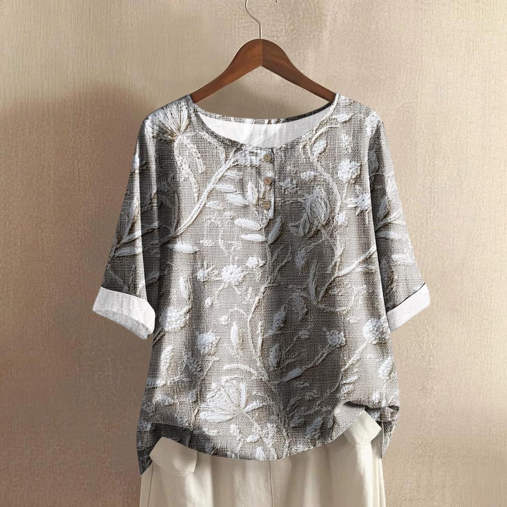Women's Fashionable And Casual Shirt Half-sleeve Round Neck Print Cotton And Linen Blouse Top