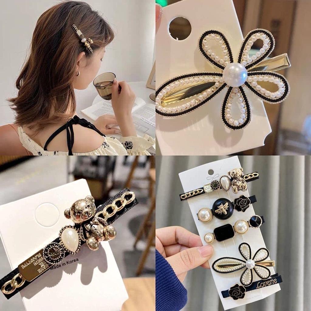 ANNACREATIONS 5 Pcs Premium Korean Stylish Hair Clips Set for Women and Girls, Elegant Pearl and Black Gold Decorative Hairpins, Fashion Barrette H