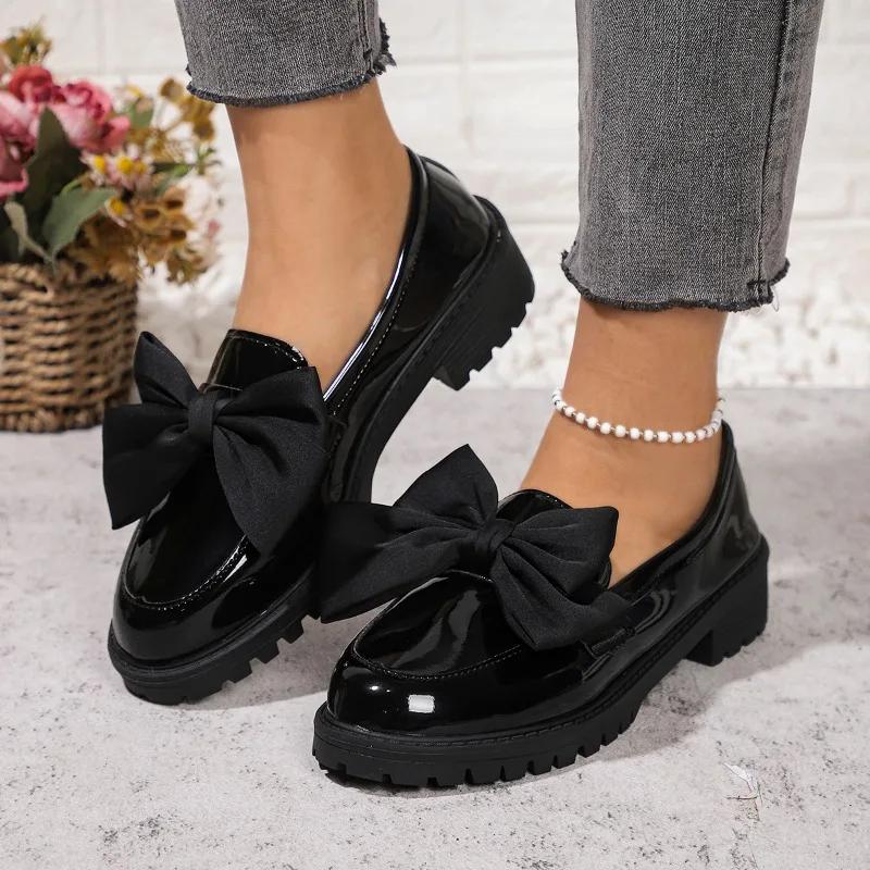 

2025 Women s High Heels Classic Office Professional High Heels Women s Bow Round Toe Medium Heel Slip-On Loafers 42 чёрный