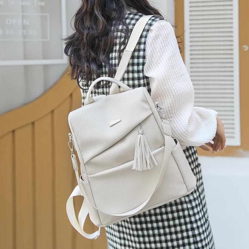 Women’s PU Anti-theft Backpack Tassel Decorative Casual Travel Female Shoulder Bag Large Capacity Student School Pack