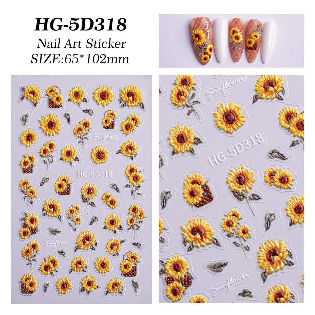 5D Embossed Sunflower Bee Nail Stickers - Three-Dimensional Embroidery Style
