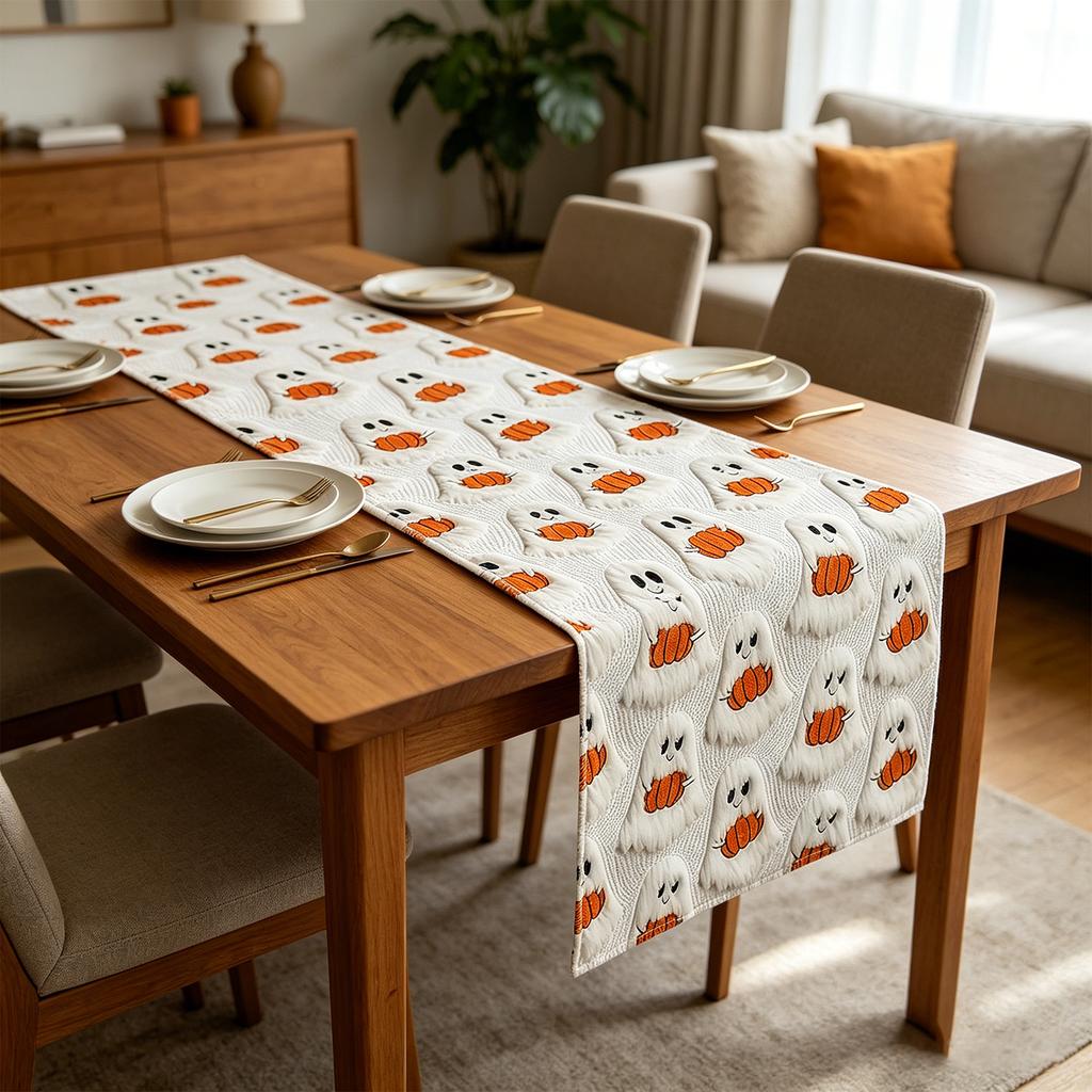 Embroidered Pumpkin Quilted Table Runner with Three Dimensional Stitching for Dining Table Party Decoration Fabric Covering