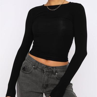 European and American Women's Solid Color Round Neck T-shirt Slim Fit Long Sleeved Top
