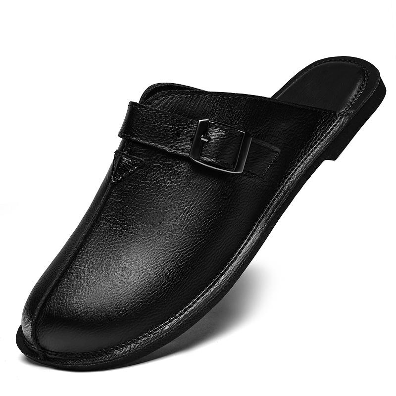 

Men s Sandals Classic Leather Slippers Walking Summer New Male Comfortable Slippers Lightweight Outdoor Men s Half Drag Shoes 47 чёрный