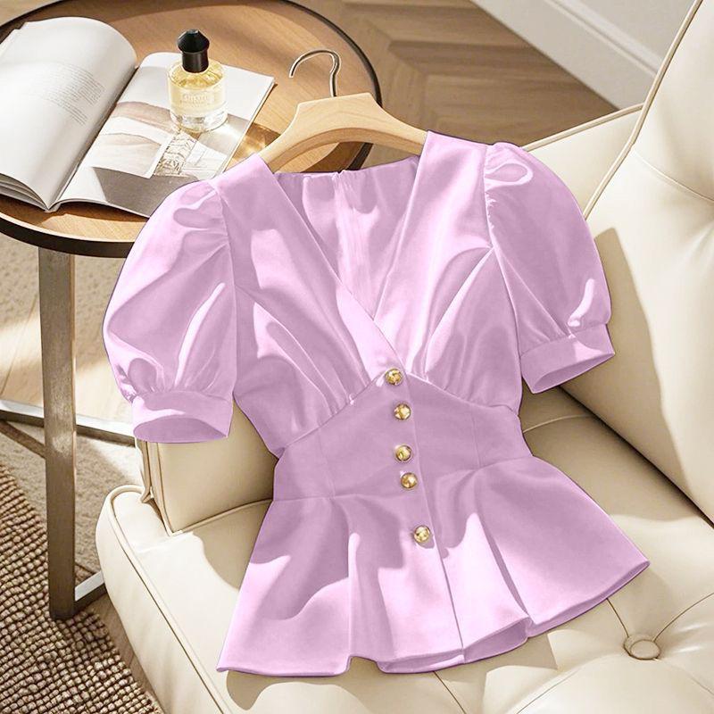 Шикарная синяя французская нишевая блузка с коротким рукавом - Стильная женская верхняя одежда для лета 2026 Large (L) светло-фиолетовый