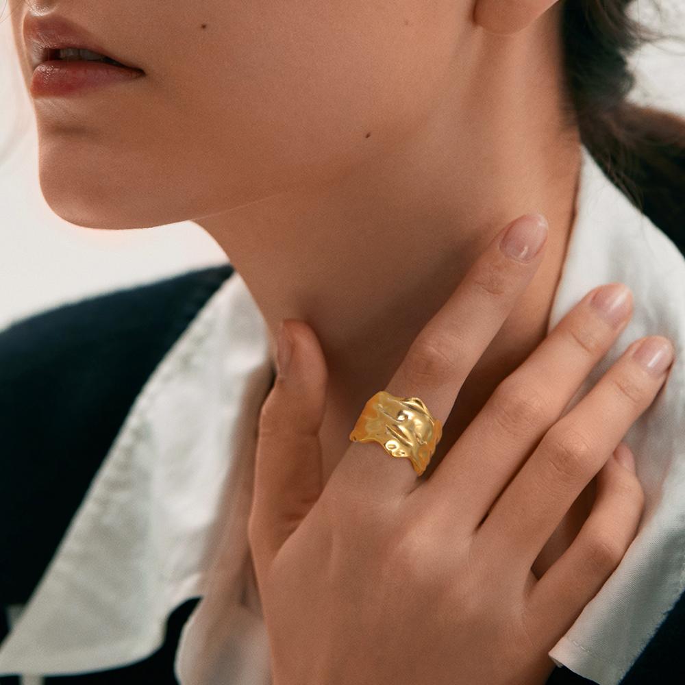 Teamer Irregular Wrinkled Texture Open Ring Gold Color Stainless Steel Ring For Women Fashion Minimalist Jewelry Birthday Gift