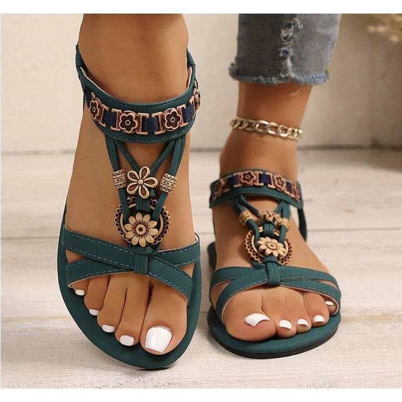 New Women's Fashionable Round Toe Flat Sandals with One Foot, Bohemian Style Casual Versatile Flat Shoes