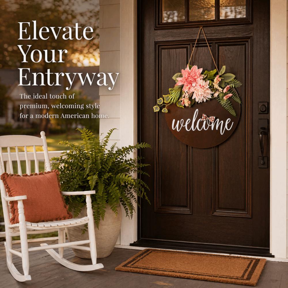 Pink Flower Arrangement Welcome Sign with Flowers Front Door Welcome Sign Porch Hanging Decor