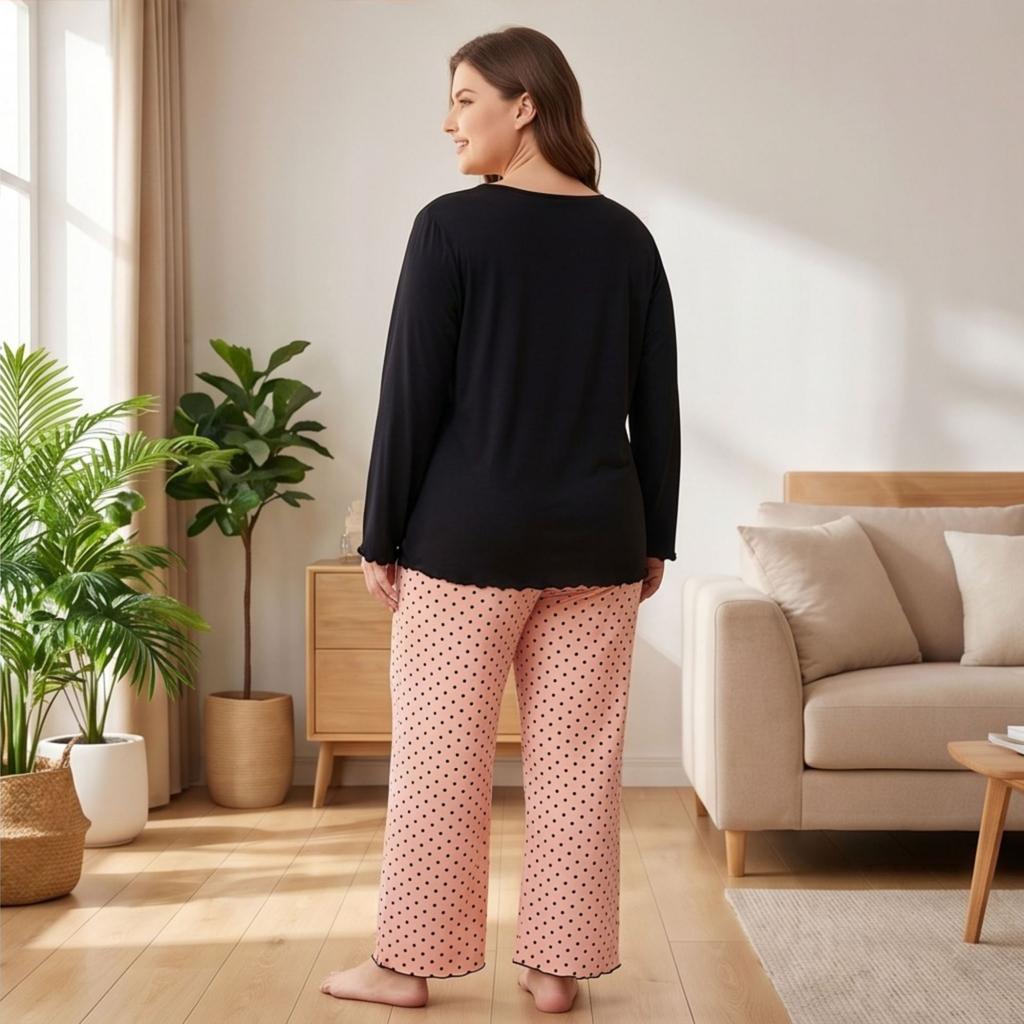 Large size pajamas autumn and winter set printed crew neck long-sleeved trousers two-piece set milk silk loose loungewear
