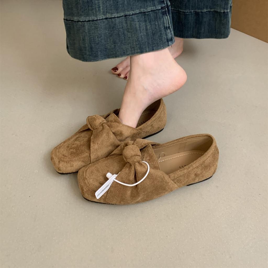Bow flat-soled single shoes women's suede Doudou shoes 2025 autumn new retro square head one-pedal loafers