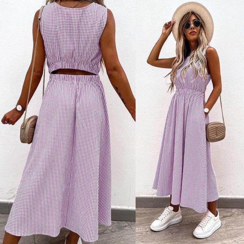 Elegantní módní dámské šaty s kostkovaným potiskem Letní ležérní kapsa vzadu A-line Společenské šaty Dámská móda Volné plážové šaty