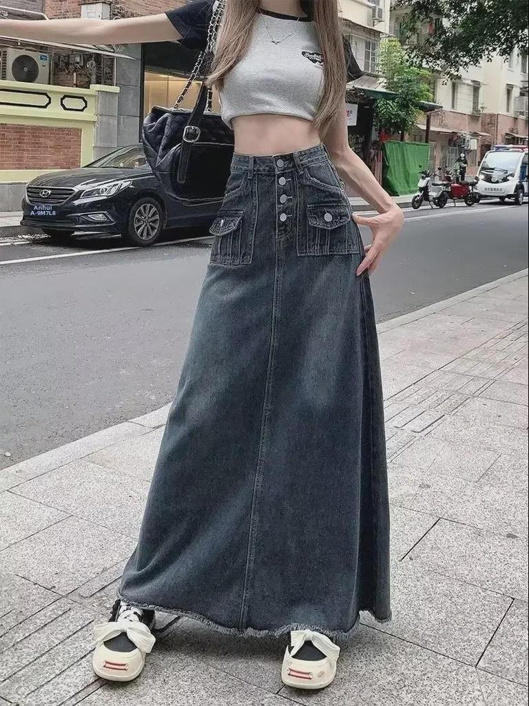 Plus Size High Waist Retro A-Line Denim Skirt for Women – Summer Slimming Mid-Length Design