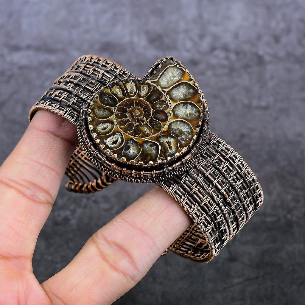 Natural Ammonite Fossil Gemstone Copper Wire Wrap Cuff Bangle Adjustable E7q41