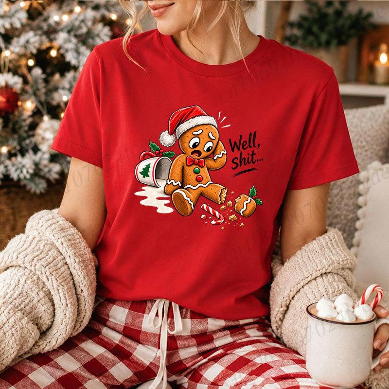 Funny Gingerbread Man Christmas T‑Shirt Well Shit Graphic Tee Xmas Santa Hat Print Short Sleeve Casual Holiday Party Tops Gifts