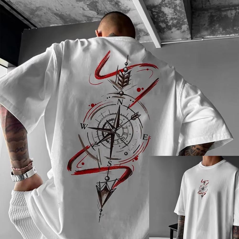 Best Selling Fashion Summer Men's Harajuku Shirt with Compass Pattern Men's Luxury Short-sleeved T-shirt, Men's Casual Retro Top