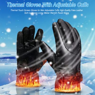 1Pair Faux Leather Cycling Gloves Men Women Anti-slip Touchscreen Fleece Lined Gloves Winter Outdoor Cold Weather Wind-proof Warm Thick Thermal Gloves