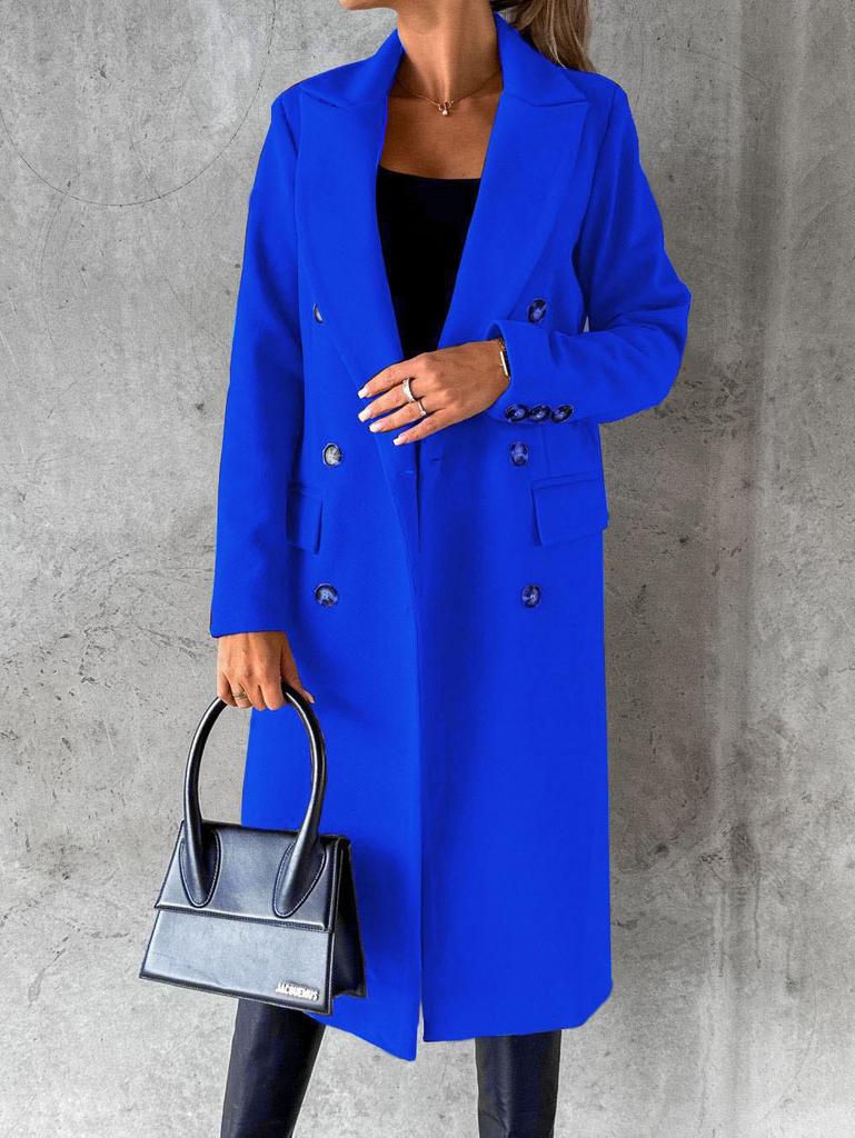 Women's Spring 2025 Versatile Woolen Double-Breasted Long Sleeve Coat with Welt Pockets