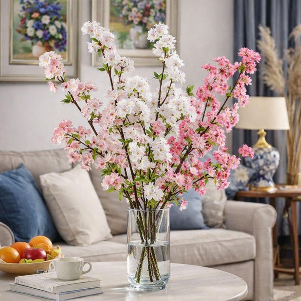 Long Artificial Cherry Blossom with Leaves Fake Flower Silk Cherry Blossoms Branch  Home Decoration
