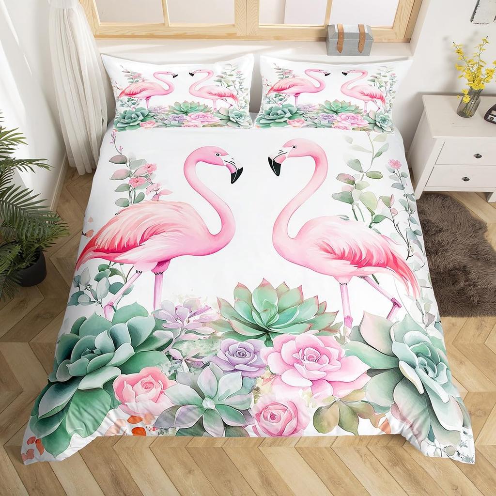 Comforter Queen Size Pink Flamingo Boys Girls Palm Leaves Bedding Set For Couples Bird Print Comforter Set