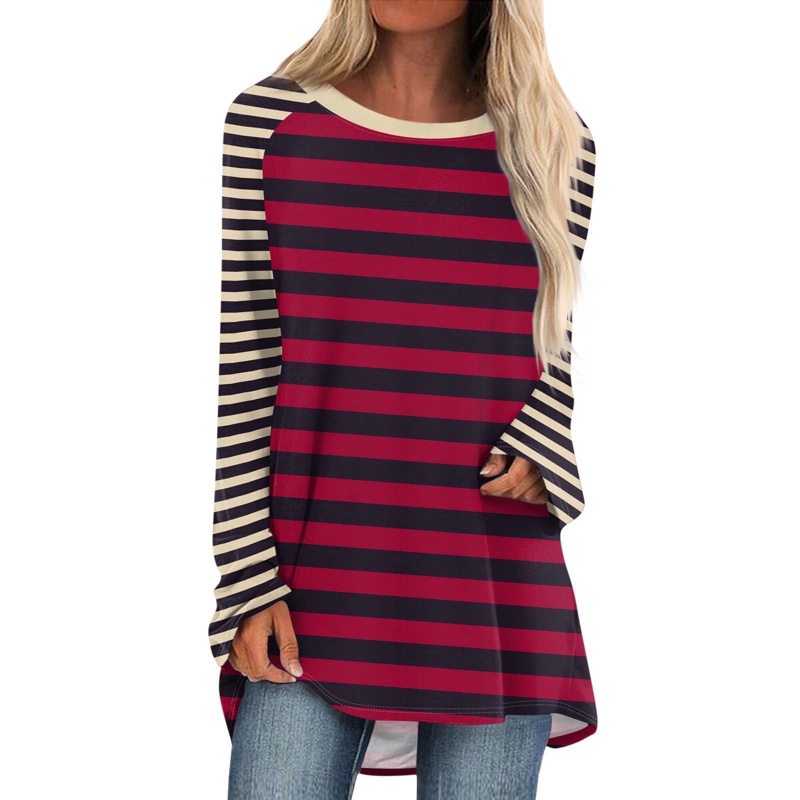 

Женская мода повседневная спущенная линия плеча с длинным рукавом миди полосатый принт топ XL винный