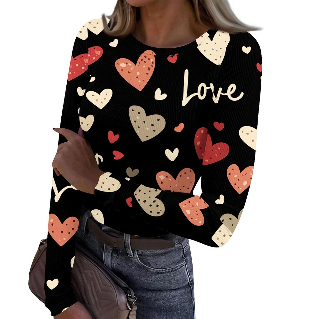 Women's Casual And Fashionable Round,neck Long,sleeved Ribbed Top With Valentine's Day Print.