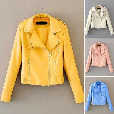 Lapel Long Sleeves Zipper Pocket Women Jacket Fall Winter Solid Color Faux Leather Motorcycle Jacket Coat Streetwear