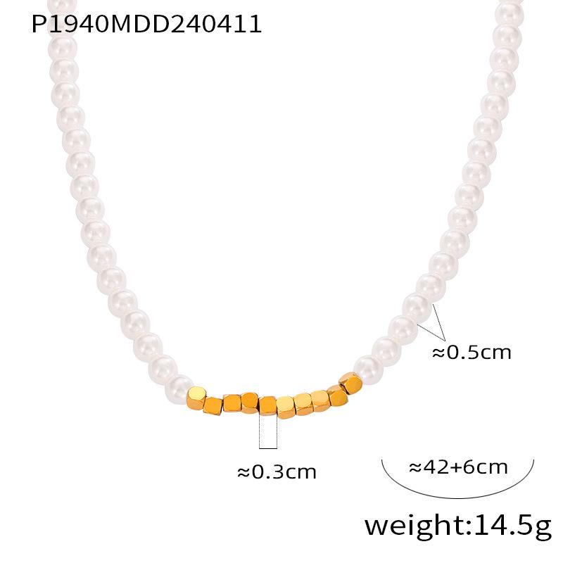Hepburn Style Luxury Pearl Necklace - French Geometric Patchwork Titanium Steel Square Sugar Pendant for Women