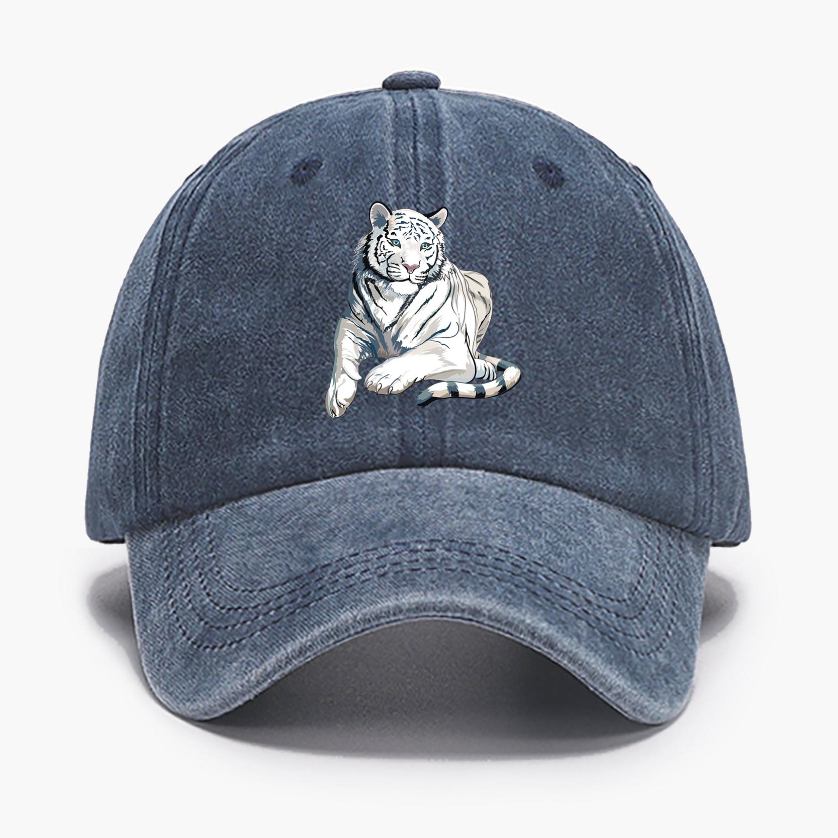 

Бейсболка из стираного хлопка с регулируемым размером и принтом сидящего белого тигра, винтажная состаренная солнцезащитная шляпа для женщин, идеальный вариант для подарка as the picture тёмно-синий