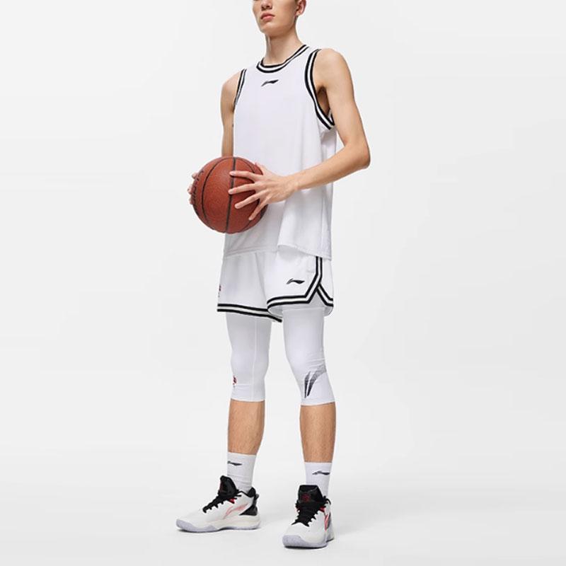 Li Ning CBA Series Professional Basketball Logo Print Knit Shorts Men Shorts Standard-White AAPU007-5