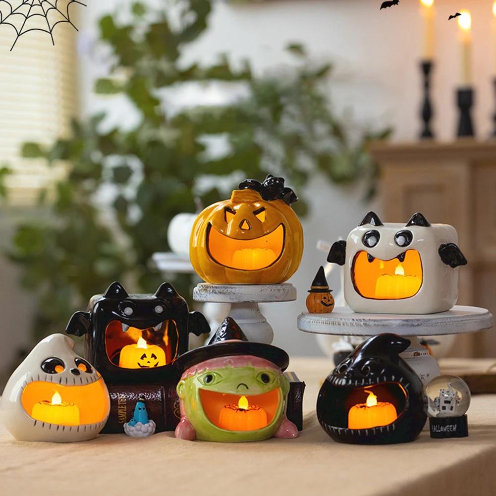 Candle Lights Holder Kawaii Ceramic Ghost Candlestick Halloween Scary Atmosphere Ornaments Party Desktop Decoration Props Gift