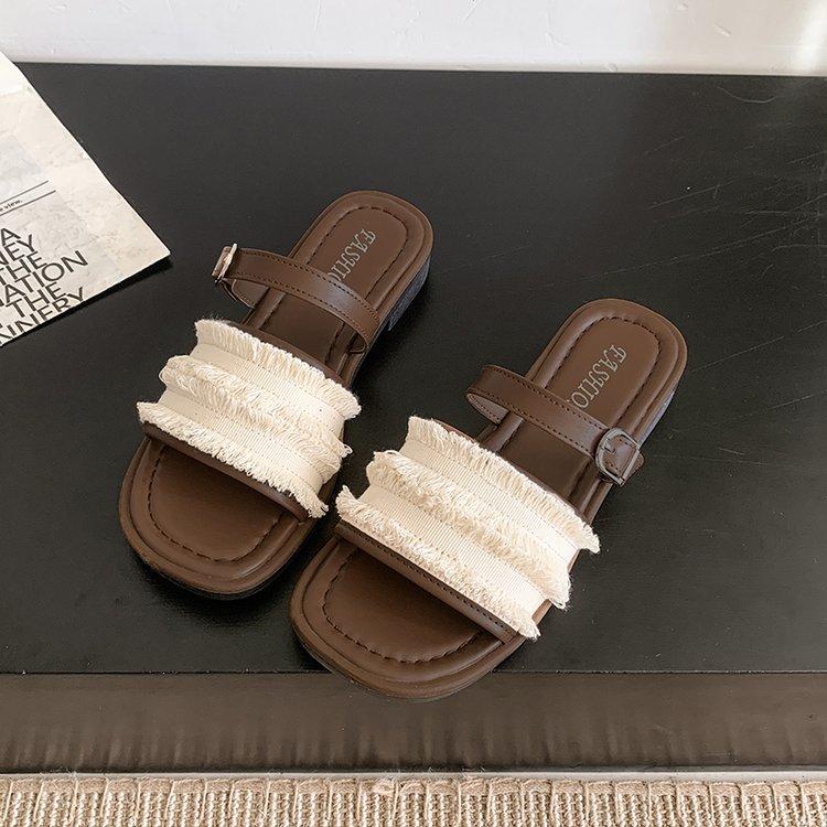 

Soft leather version~ Flat bottom one-word drag women 2025 summer new soft bottom light outer wear beach shoes one-word buckle women 41