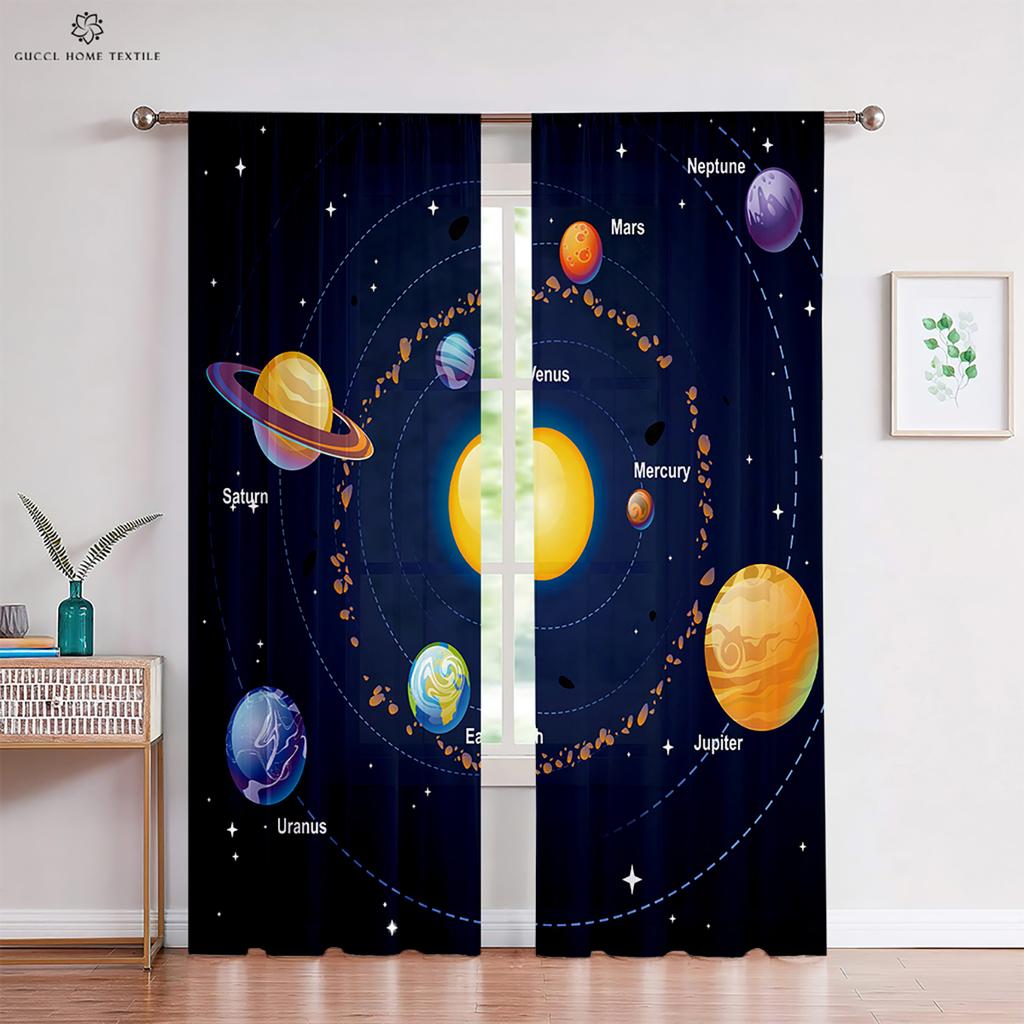 Custom Cartoon Animation Window Drapes, Universe Star Pattern, Bedroom, Living Room, Kitchen Decorative Curtains, 2 Pieces