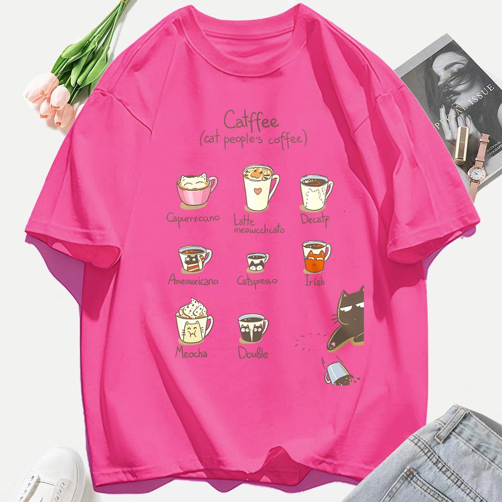 Cat People'S Coffee Illustration Printing T-Shirt Woman Summer Cotton T Shirts Y2K Soft Comfortable Top Unisex Hip Hop Clothes