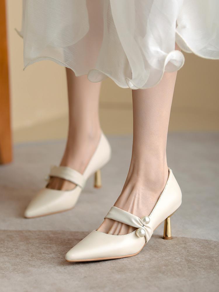 French High Heels Women's 2025 Autumn New Pointed Toe Small Heel Mary Jane Women's Shoes Fairy Style Bride Bridesmaid Wedding Shoes