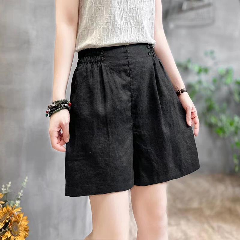

2024 Summer Women s Cotton Linen Elastic Waist Pleated Wide-Leg Shorts - Retro Slimming Casual Fit 2XL