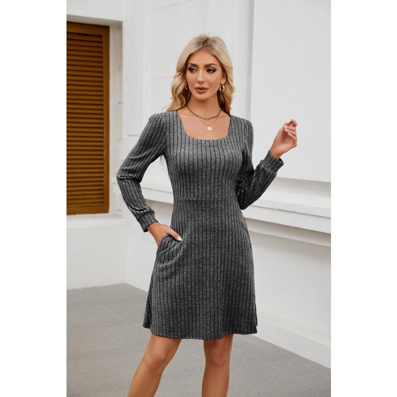 Summer New Product Square Neckline Bag Knitted Sweater Long-sleeved Casual Dress Female YDJR6666