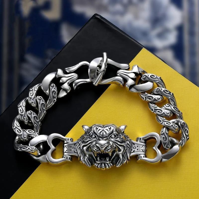

Unique Chinese Style Bangles Domineering Thick Chain Tiger Head Charm Bracelet For Men Manly Banquet Jewelry 22cm