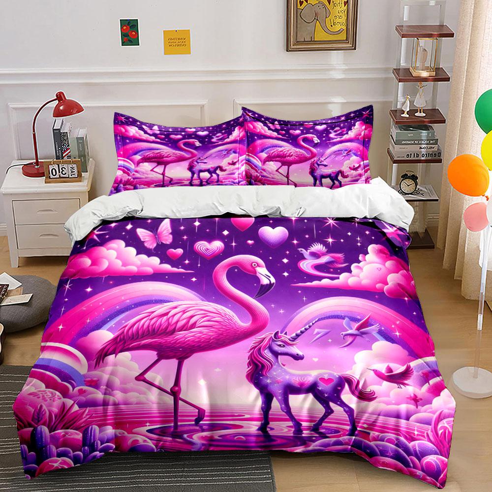 Fantasy Unicorn Flamingo Set Multiple Sizes Kid'S And Adults' Bedroom Exquisite 3Pc Bedding Set, Gift