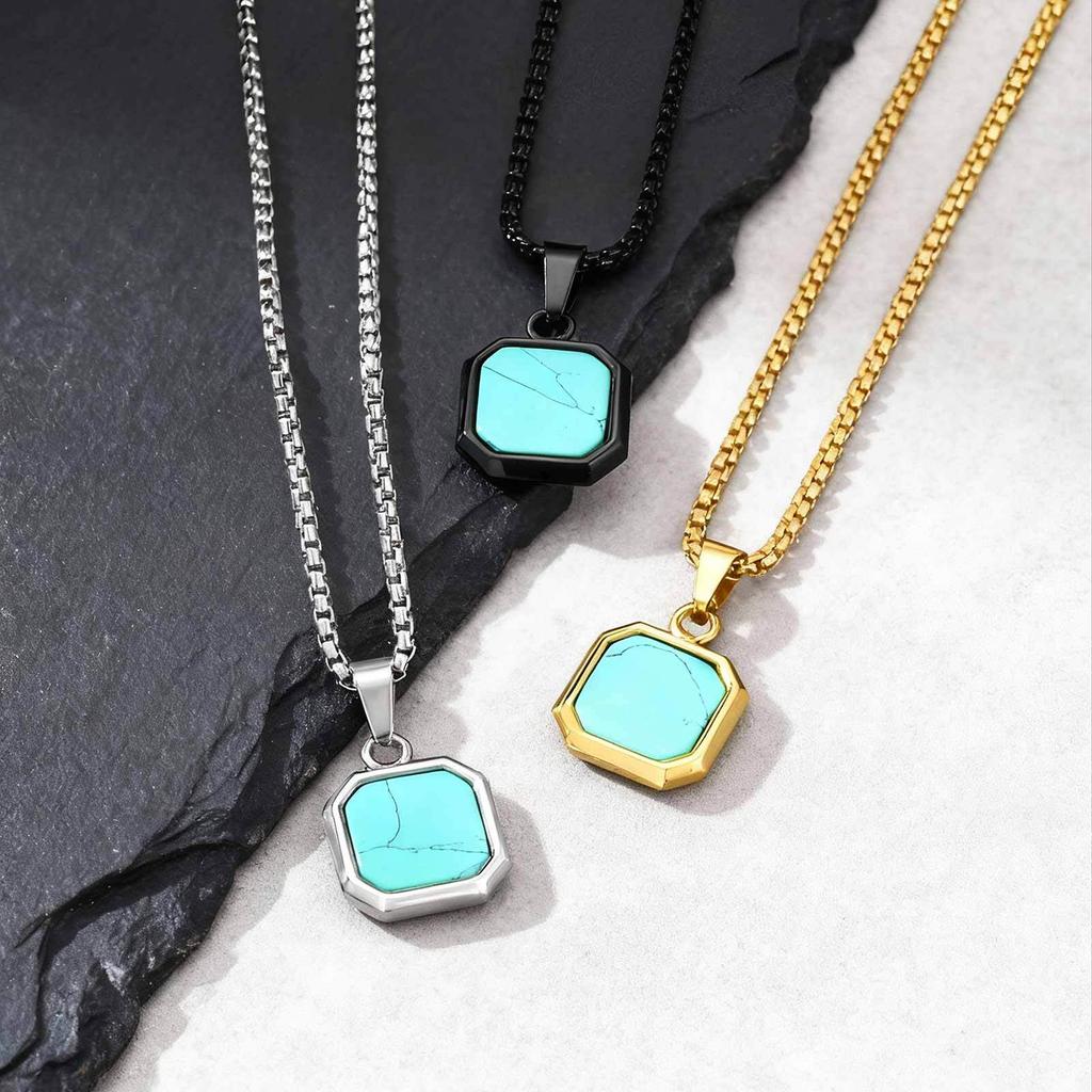 Natural Stone Square Pendant Necklace for Men Boys,Stainless Steel Turquoise Pendant,Jewelry Gift for Husband Dad Son BBF